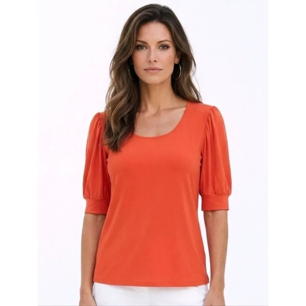 CeCe Orange Puff Sleeve Scoop Neck Top Size M